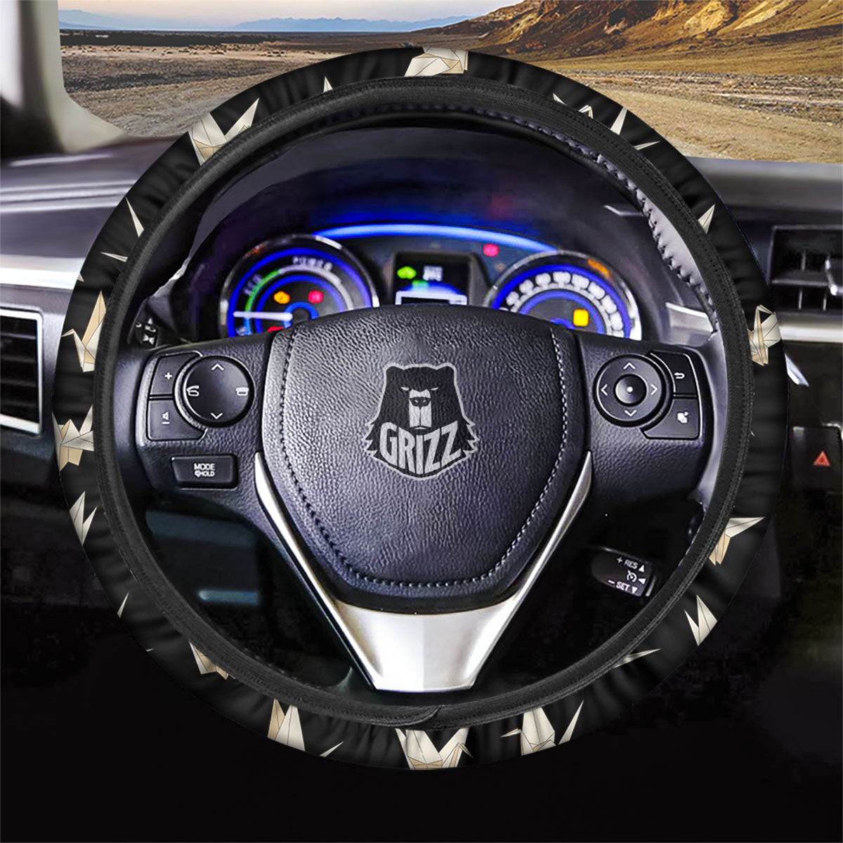 Origami White And Black Print Pattern Car Steering Wheel Cover-grizzshop