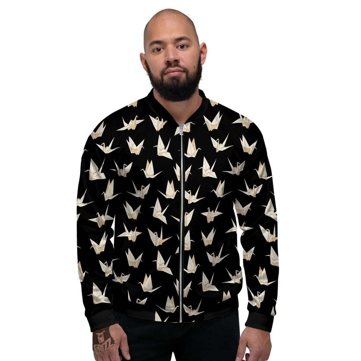 Origami White And Black Print Pattern Men's Bomber Jacket-grizzshop