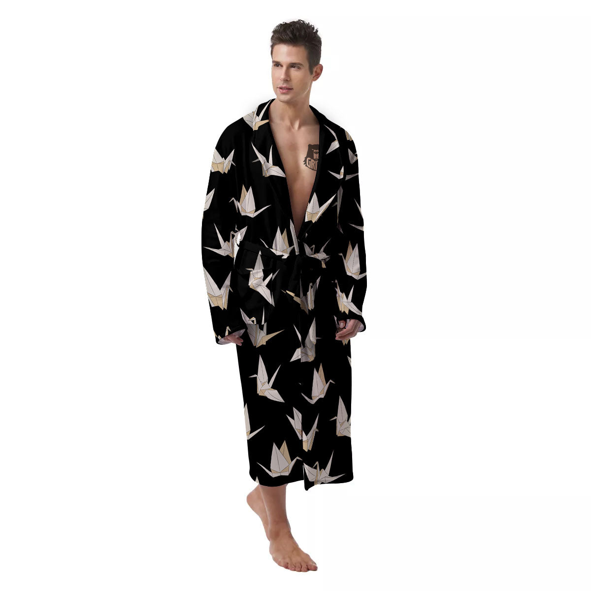 Origami White And Black Print Pattern Men's Robe-grizzshop