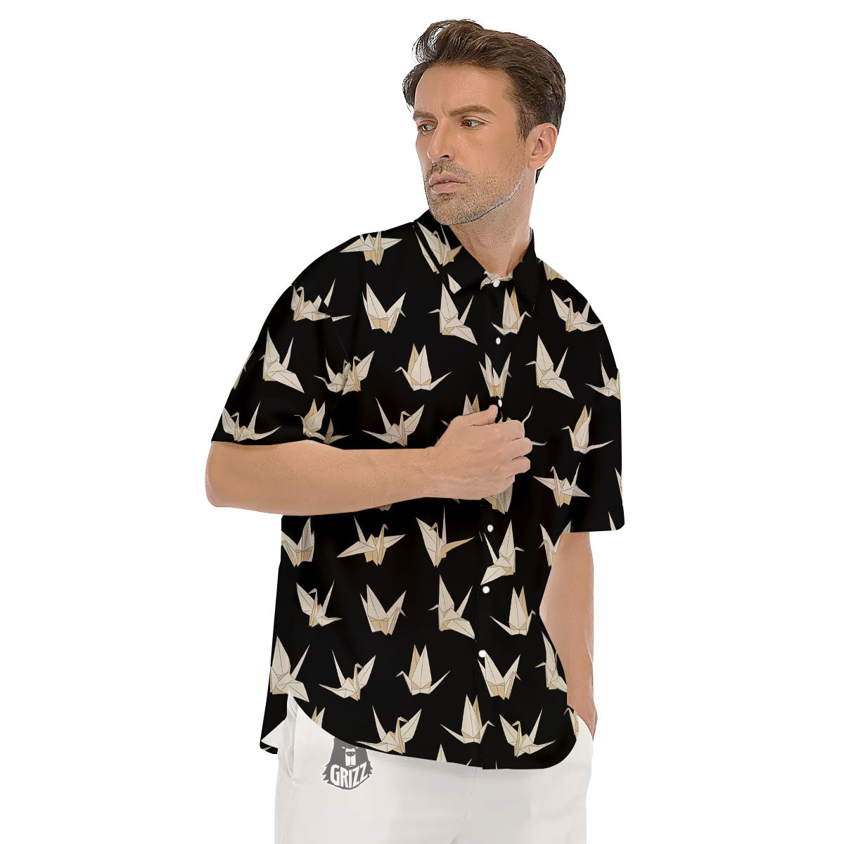 Origami White And Black Print Pattern Men's Short Sleeve Shirts-grizzshop