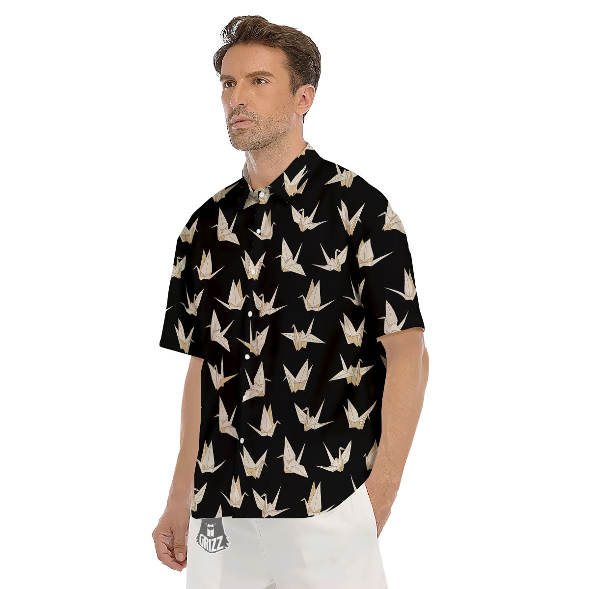 Origami White And Black Print Pattern Men's Short Sleeve Shirts-grizzshop