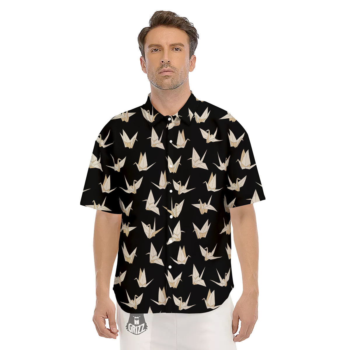 Origami White And Black Print Pattern Men's Short Sleeve Shirts-grizzshop