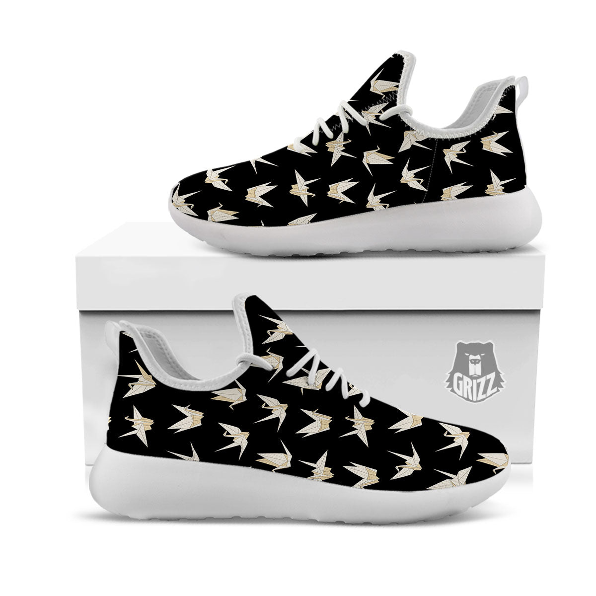 Origami White And Black Print Pattern White Athletic Shoes-grizzshop