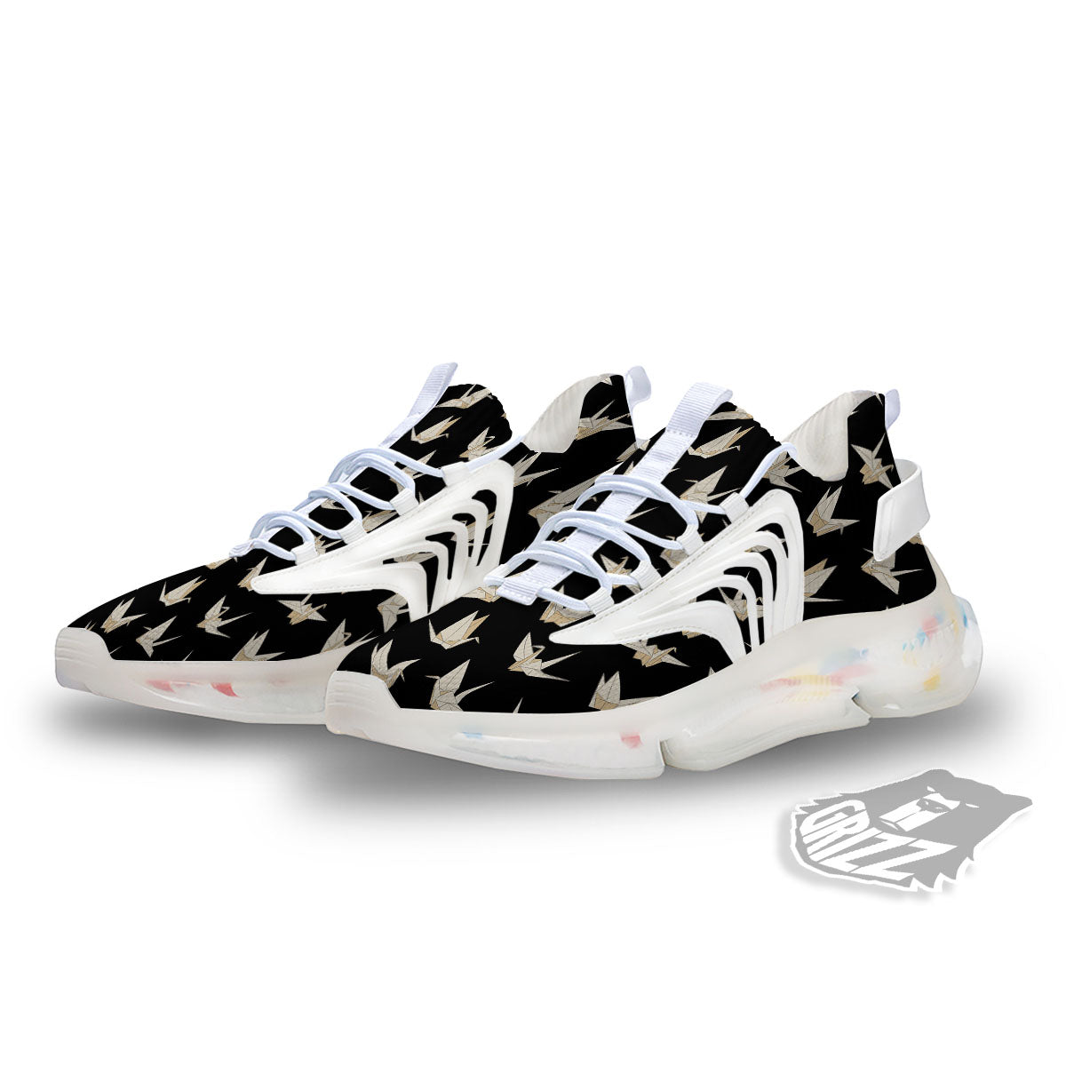 Origami White And Black Print Pattern White Gym Shoes-grizzshop