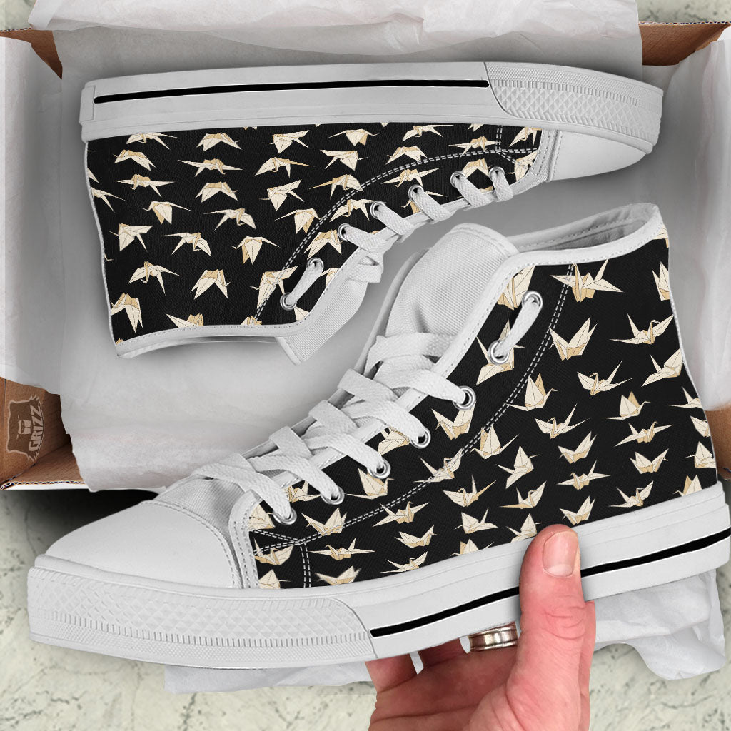 Origami White And Black Print Pattern White High Top Shoes-grizzshop