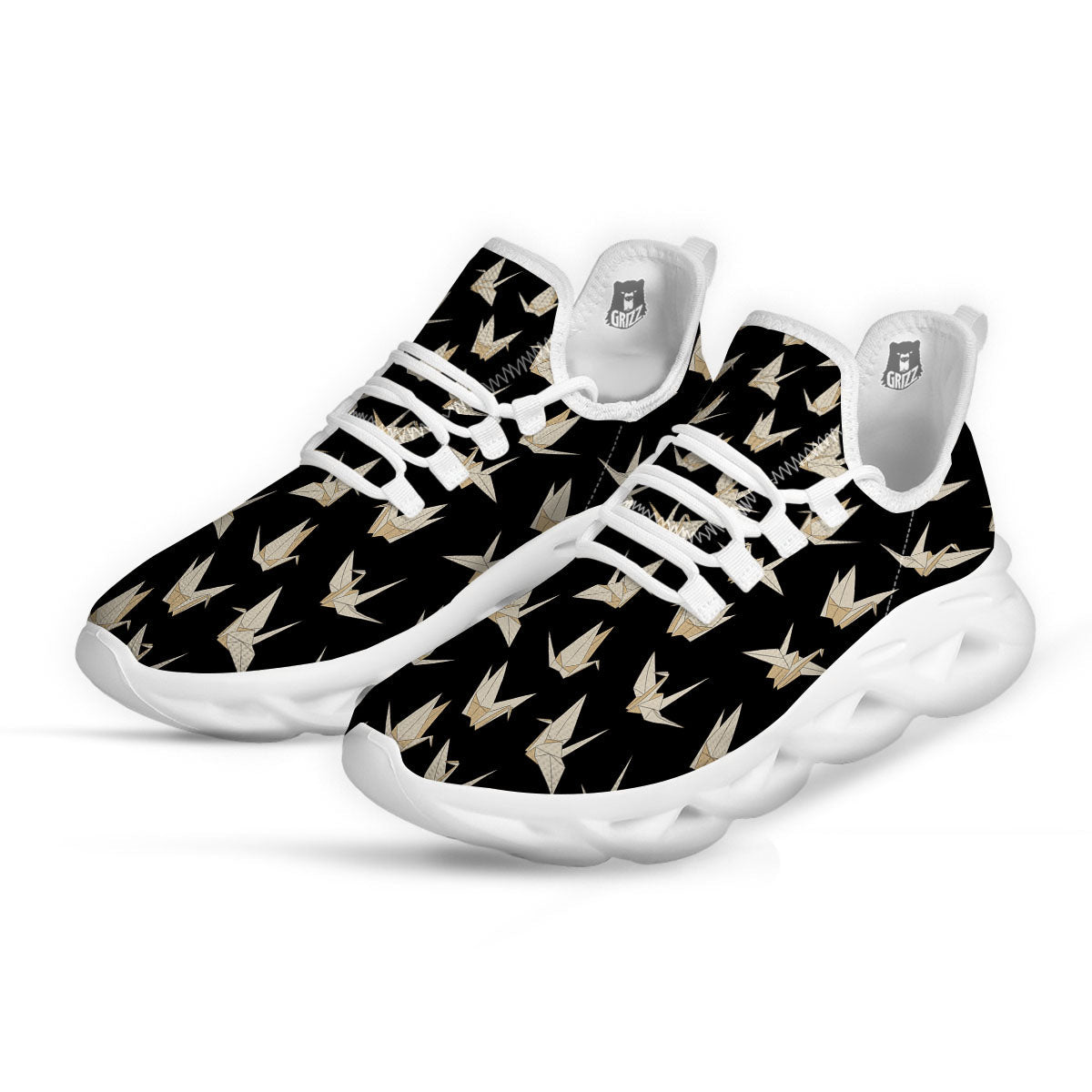 Origami White And Black Print Pattern White Running Shoes-grizzshop