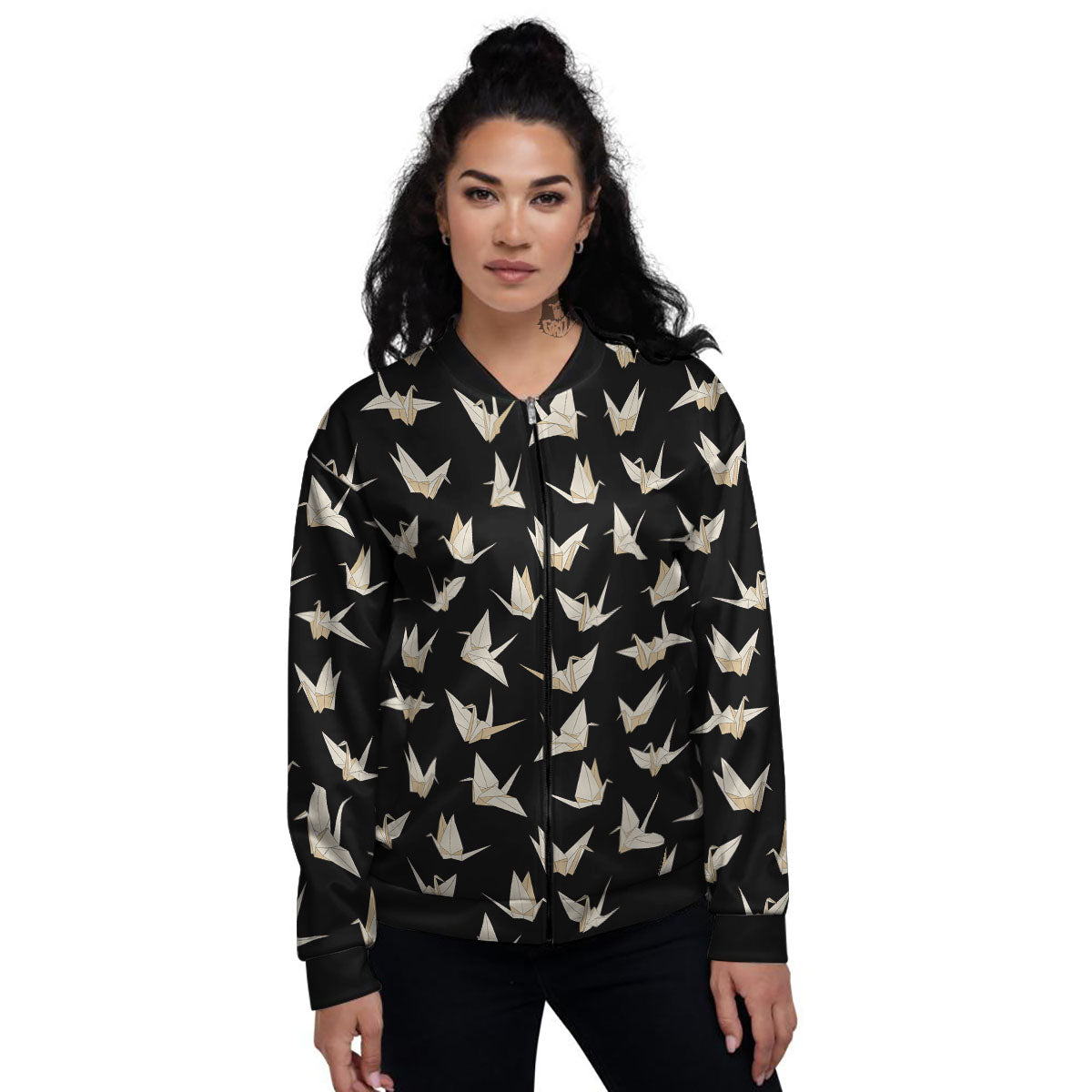 Origami White And Black Print Pattern Women's Bomber Jacket-grizzshop
