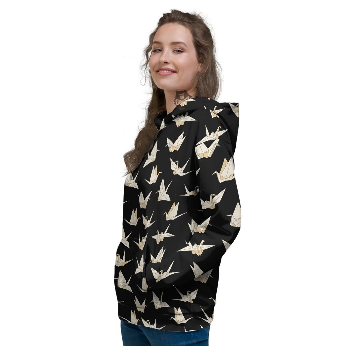Origami White And Black Print Pattern Women's Hoodie-grizzshop