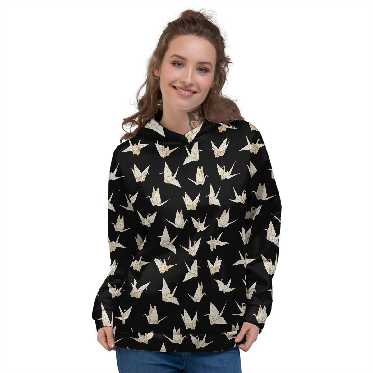Origami White And Black Print Pattern Women's Hoodie-grizzshop