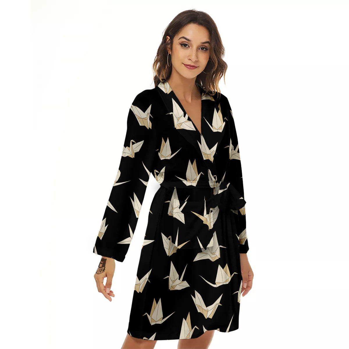 Origami White And Black Print Pattern Women's Robe-grizzshop