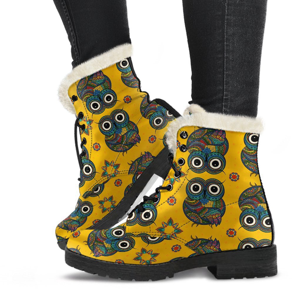 Ornamental Owl Pattern Print Comfy Winter Boots-grizzshop
