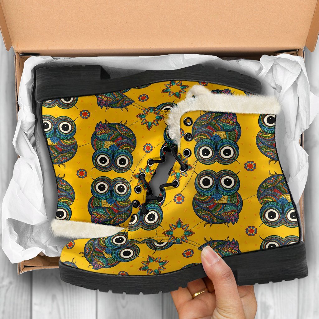 Ornamental Owl Pattern Print Comfy Winter Boots-grizzshop