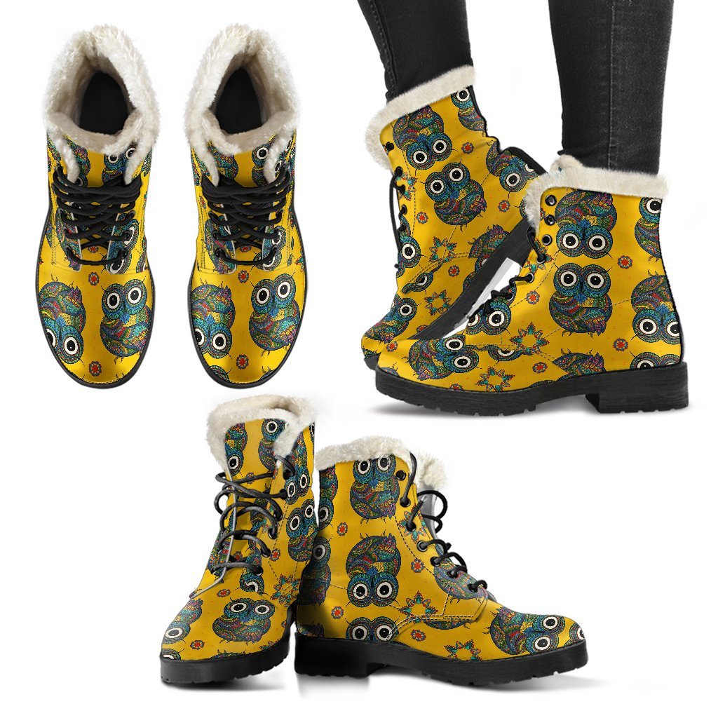 Ornamental Owl Pattern Print Comfy Winter Boots-grizzshop