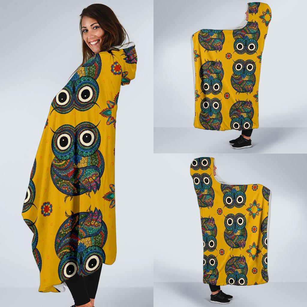 Ornamental Owl Pattern Print Hooded Blanket-grizzshop