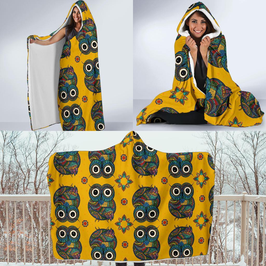 Ornamental Owl Pattern Print Hooded Blanket-grizzshop