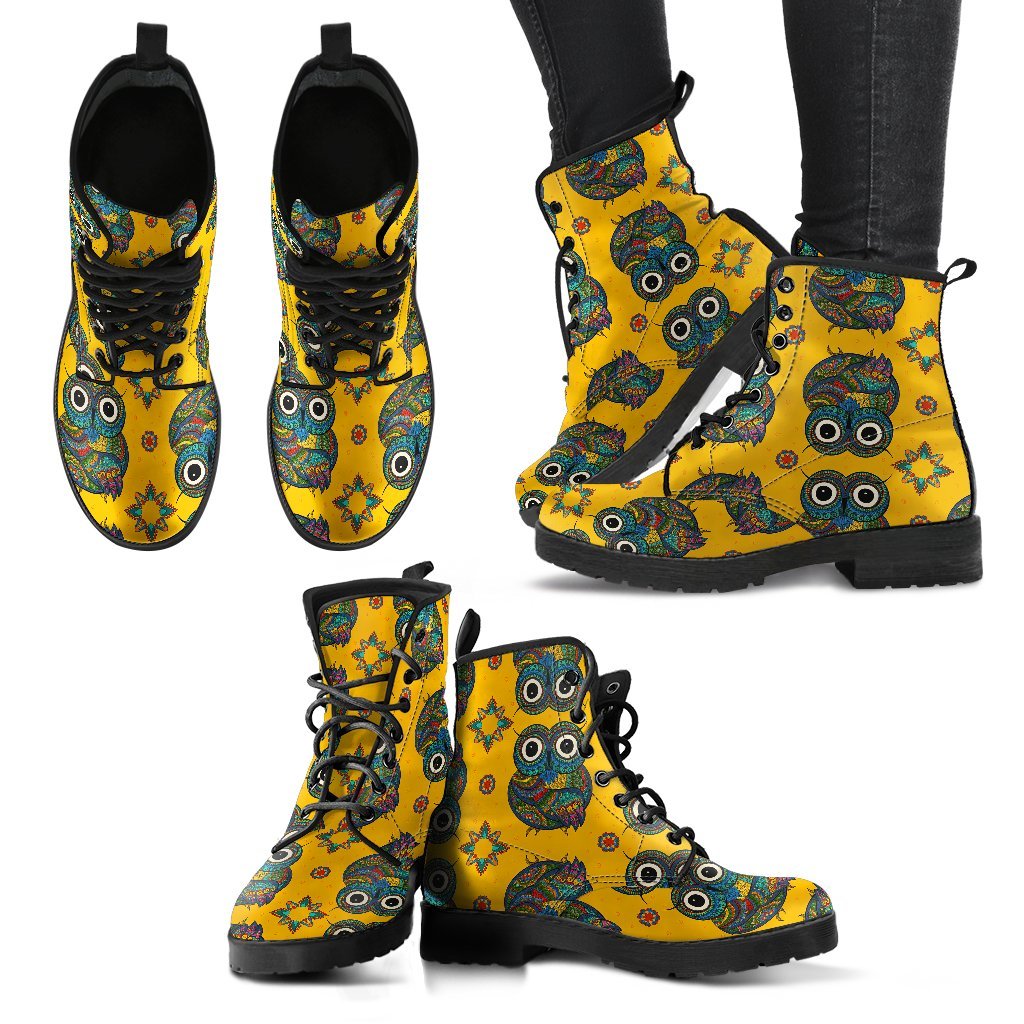 Ornamental Owl Pattern Print Men Women Leather Boots-grizzshop