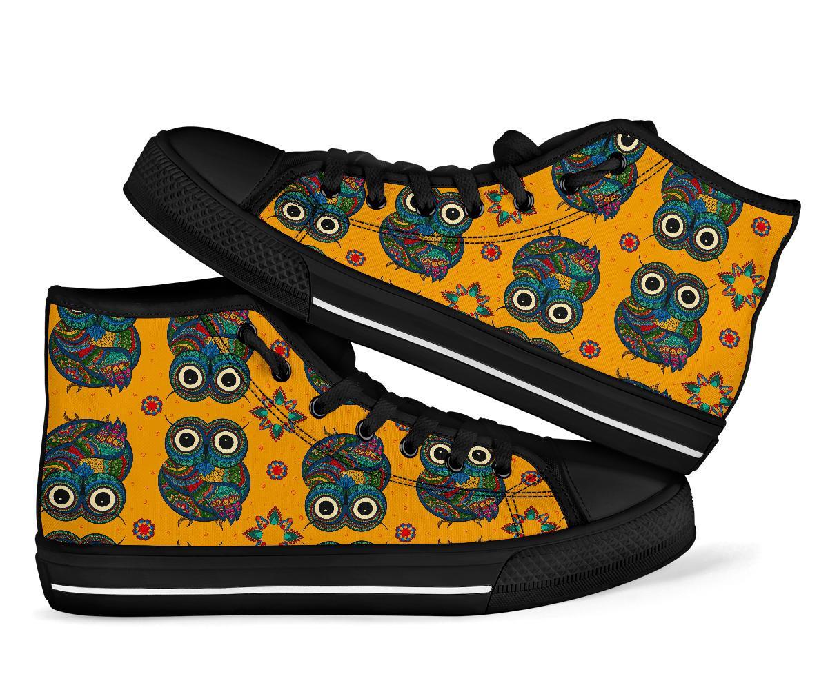 Ornamental Owl Pattern Print Men Women's High Top Shoes-grizzshop