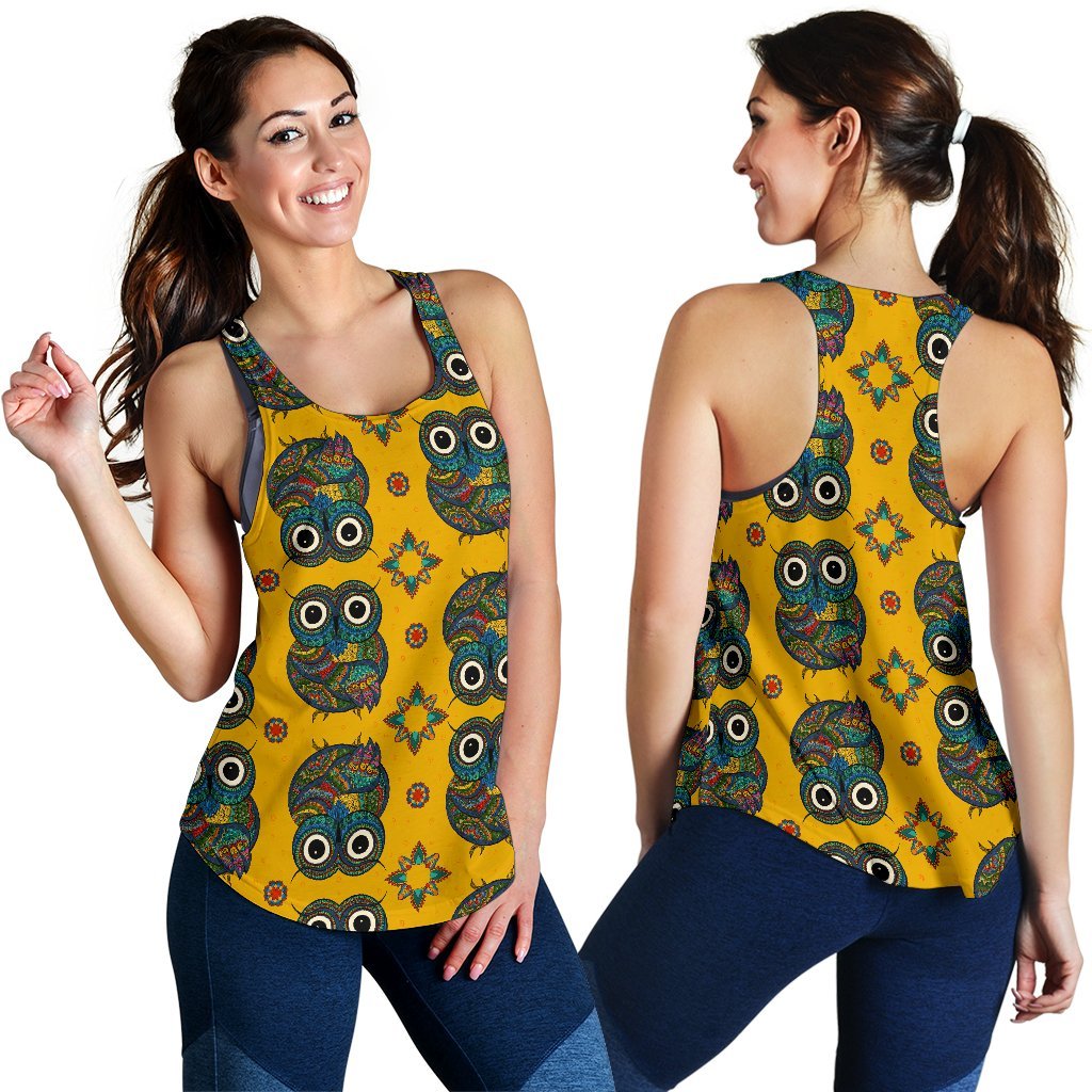 Ornamental Owl Pattern Print Women's Racerback Tank Tops-grizzshop