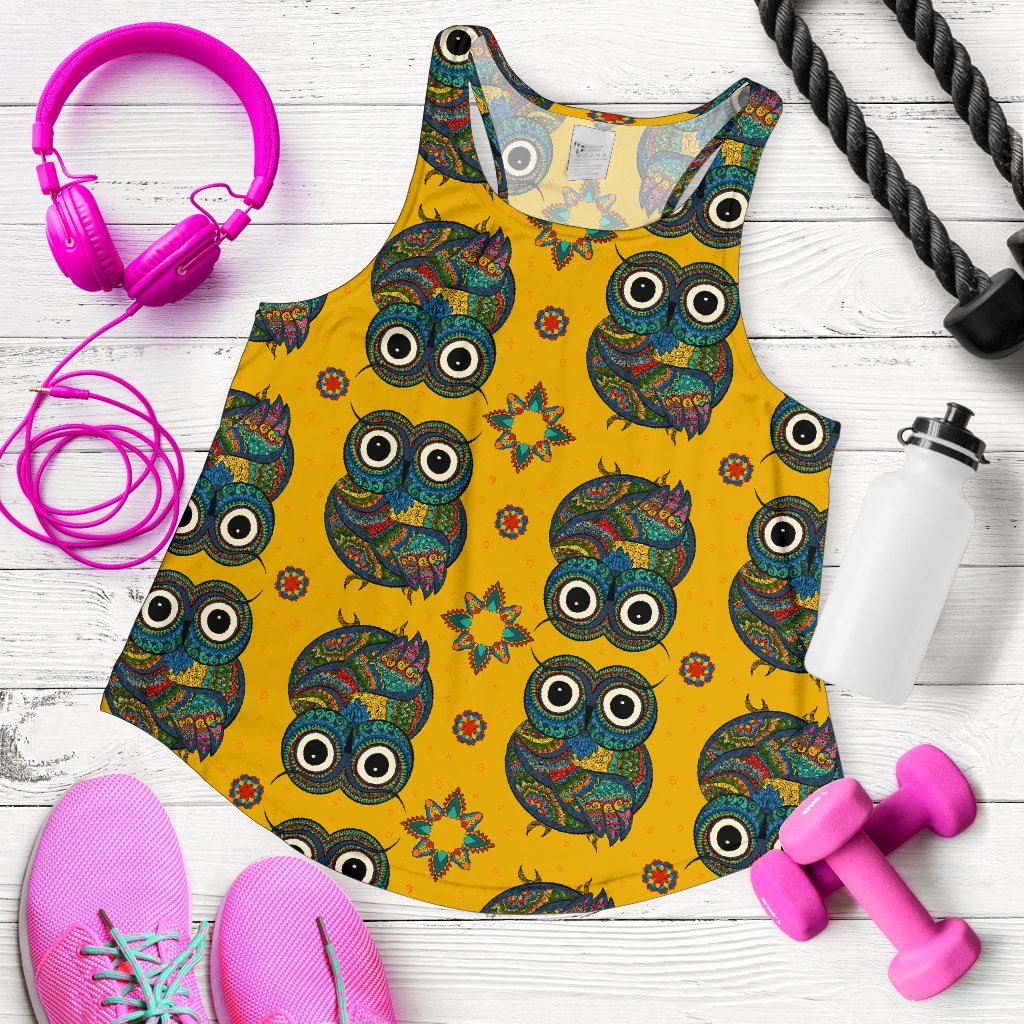Ornamental Owl Pattern Print Women's Racerback Tank Tops-grizzshop