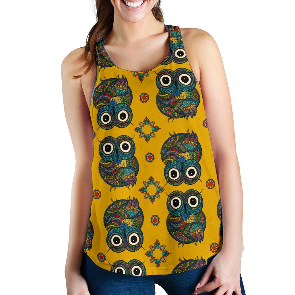 Ornamental Owl Pattern Print Women's Racerback Tank Tops-grizzshop