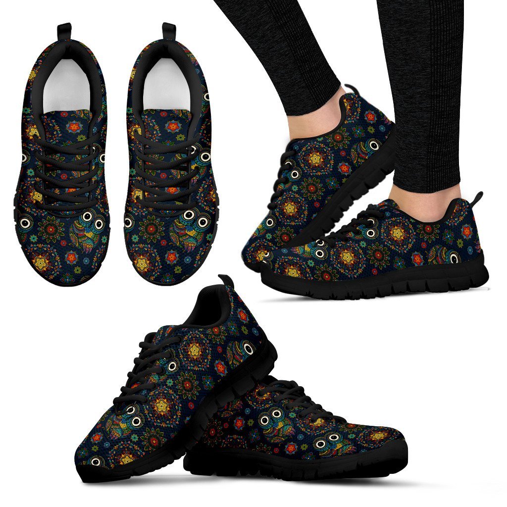 Ornamental Owl Print Pattern Black Sneaker Shoes For Men Women-grizzshop