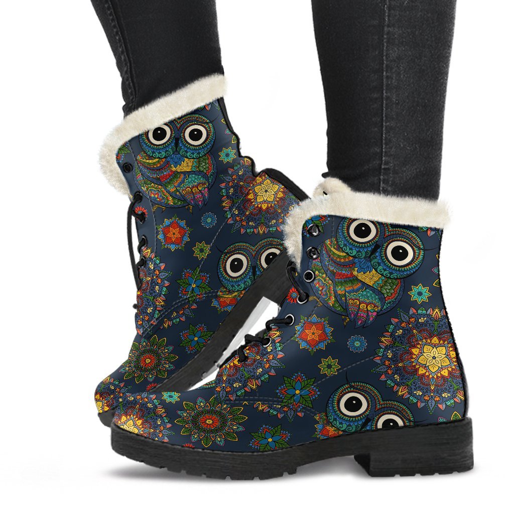Ornamental Owl Print Pattern Comfy Winter Boots-grizzshop