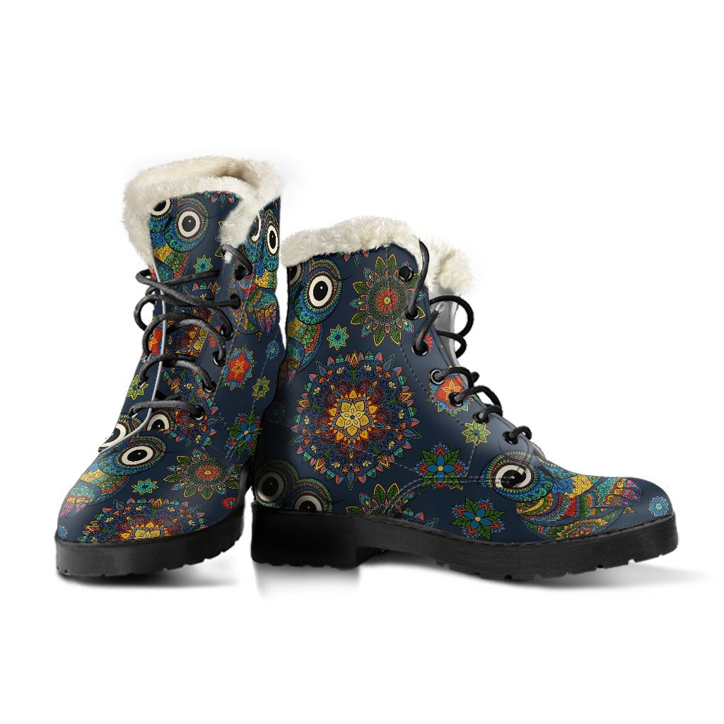 Ornamental Owl Print Pattern Comfy Winter Boots-grizzshop