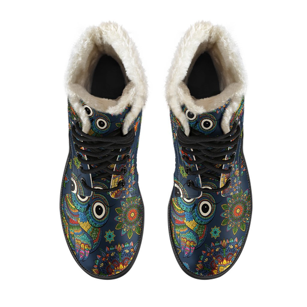 Ornamental Owl Print Pattern Comfy Winter Boots-grizzshop
