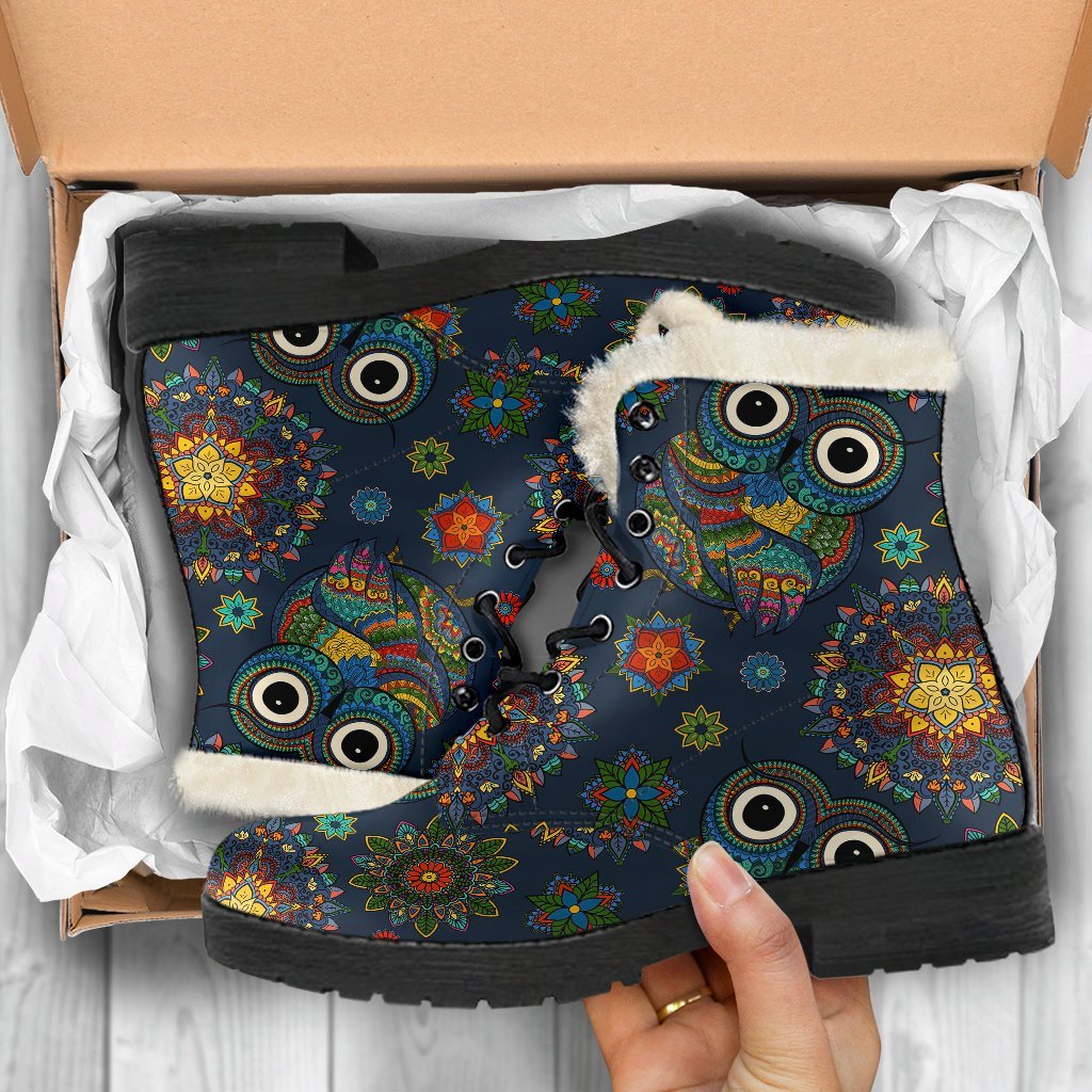 Ornamental Owl Print Pattern Comfy Winter Boots-grizzshop