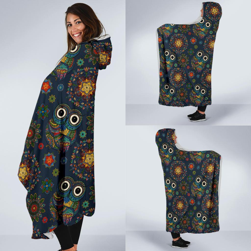 Ornamental Owl Print Pattern Hooded Blanket-grizzshop