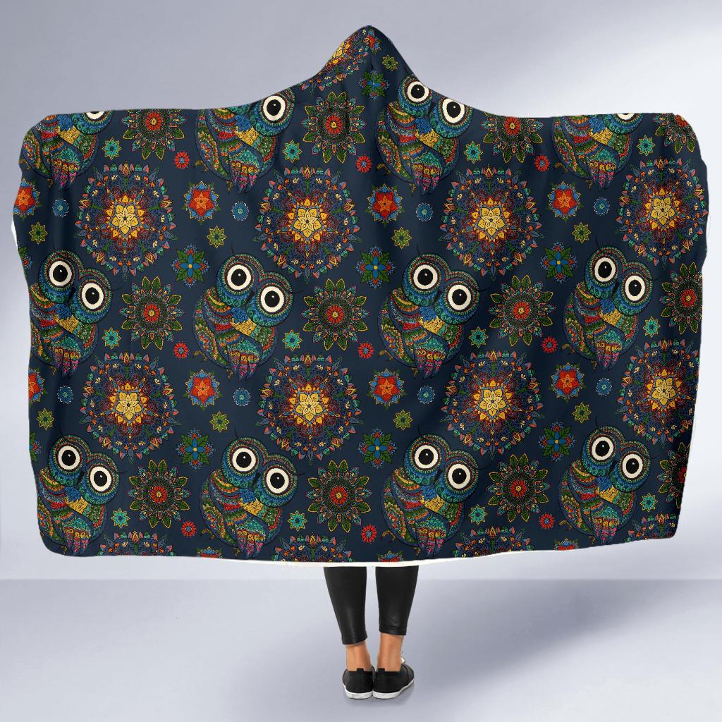 Ornamental Owl Print Pattern Hooded Blanket-grizzshop