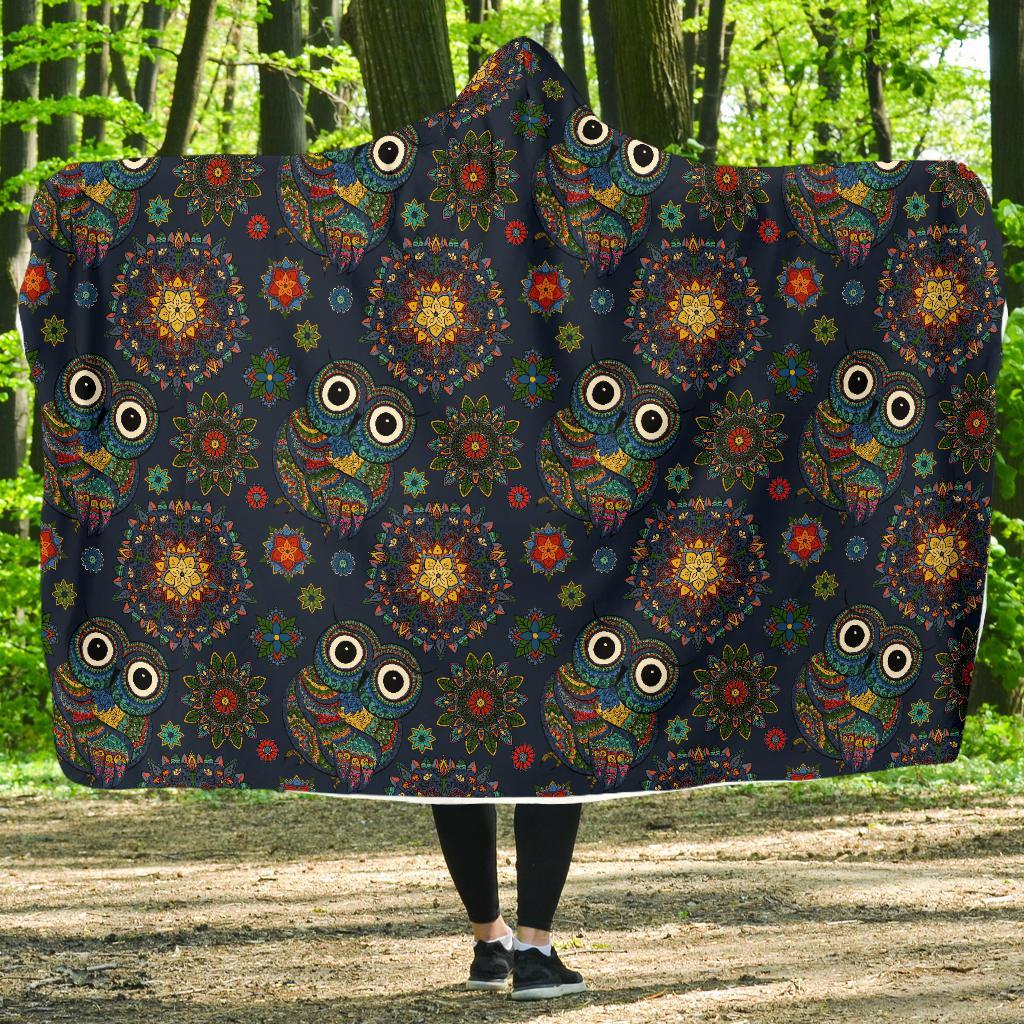 Ornamental Owl Print Pattern Hooded Blanket-grizzshop