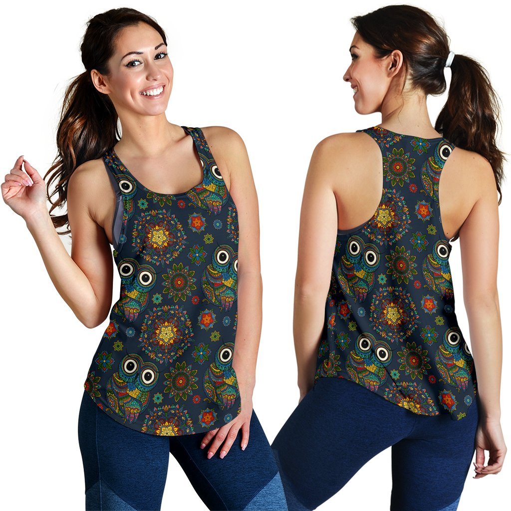 Ornamental Owl Print Pattern Women's Racerback Tank Tops-grizzshop