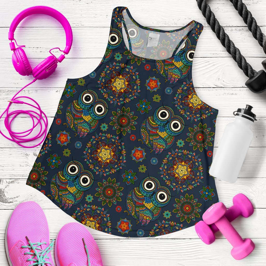 Ornamental Owl Print Pattern Women's Racerback Tank Tops-grizzshop