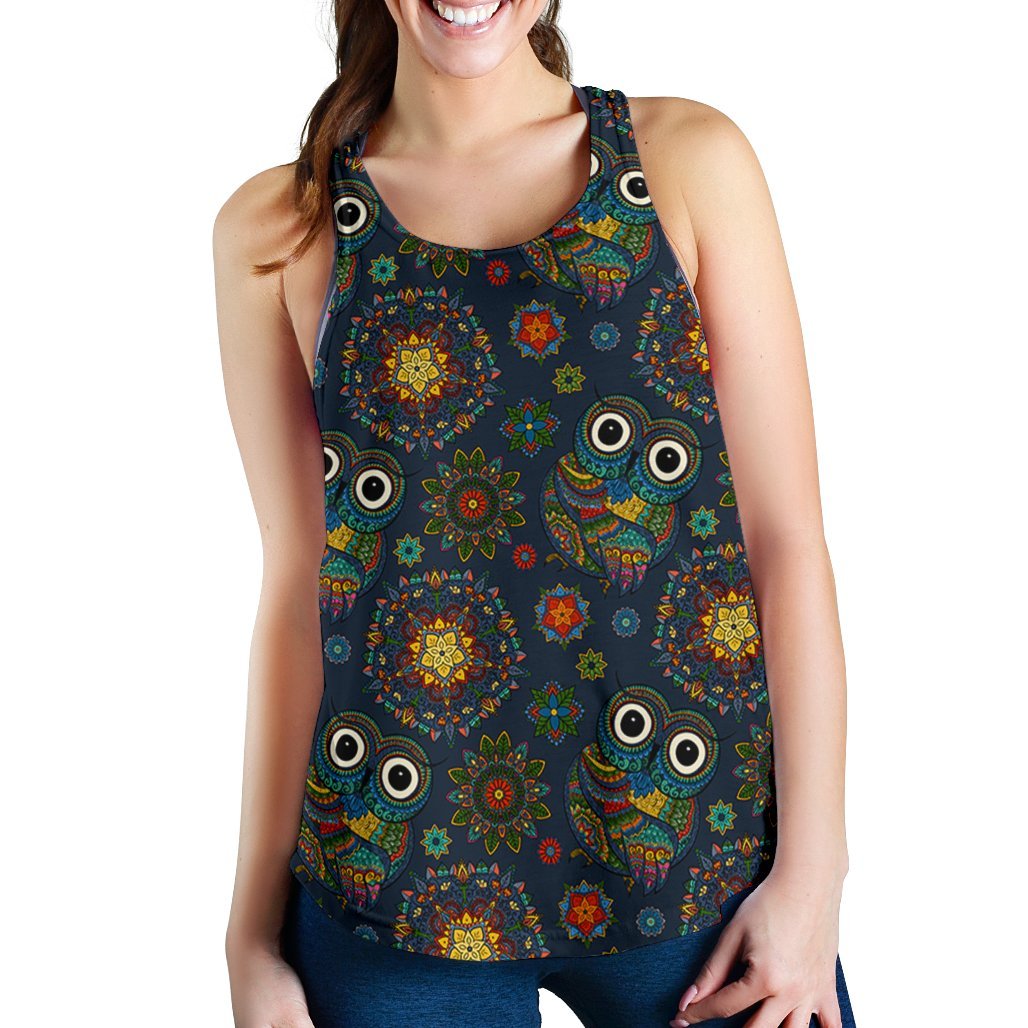 Ornamental Owl Print Pattern Women's Racerback Tank Tops-grizzshop