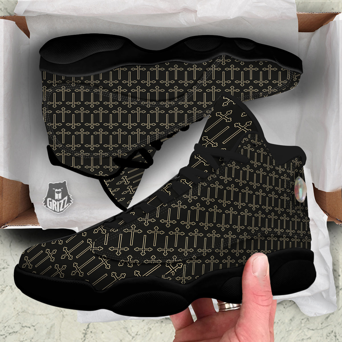 Orthodox Beige And Black Print Pattern Black Basketball Shoes-grizzshop