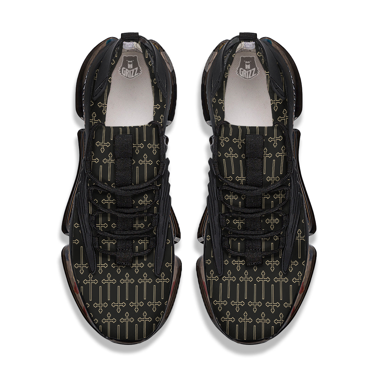 Orthodox Beige And Black Print Pattern Black Gym Shoes-grizzshop