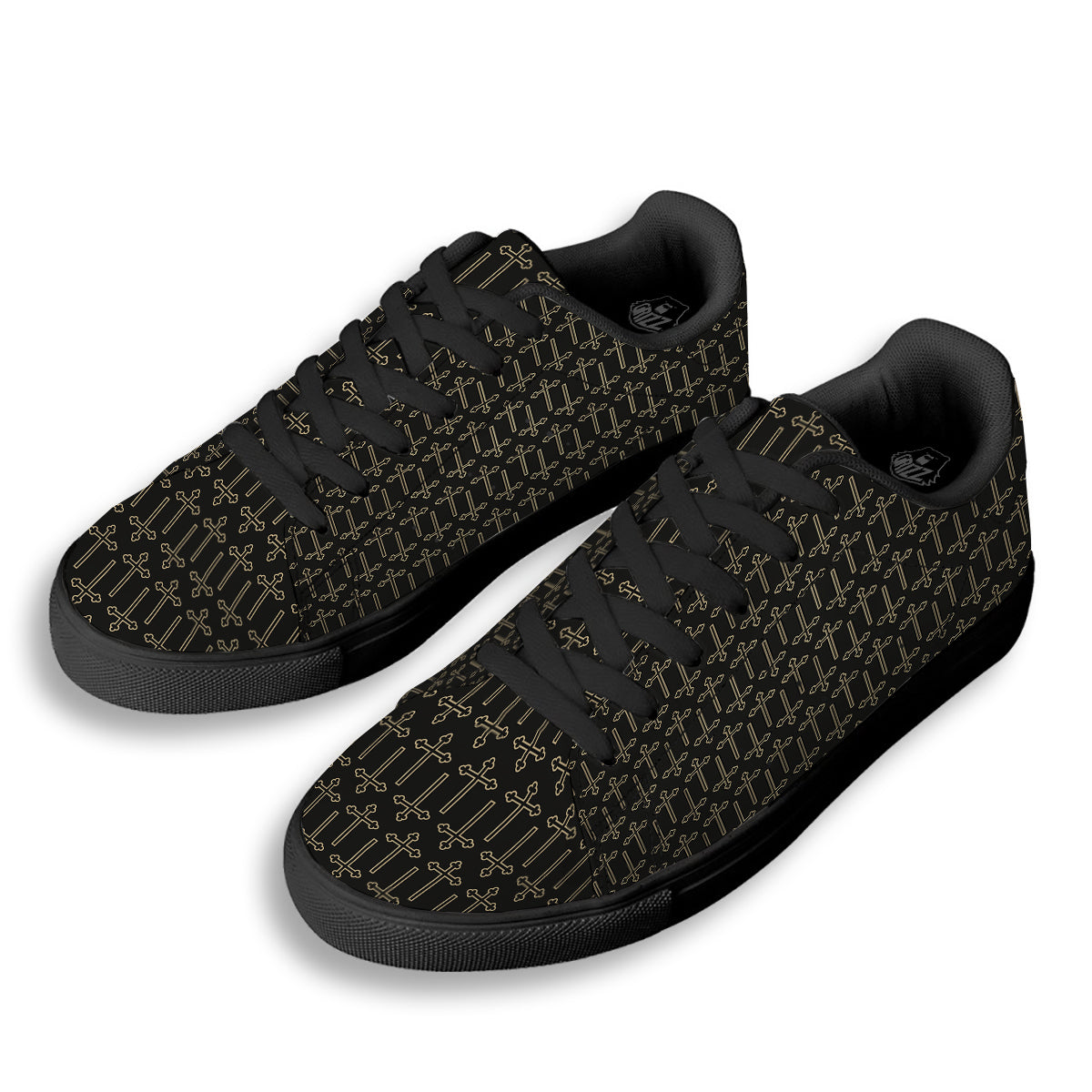 Orthodox Beige And Black Print Pattern Black Low Top Sneakers-grizzshop