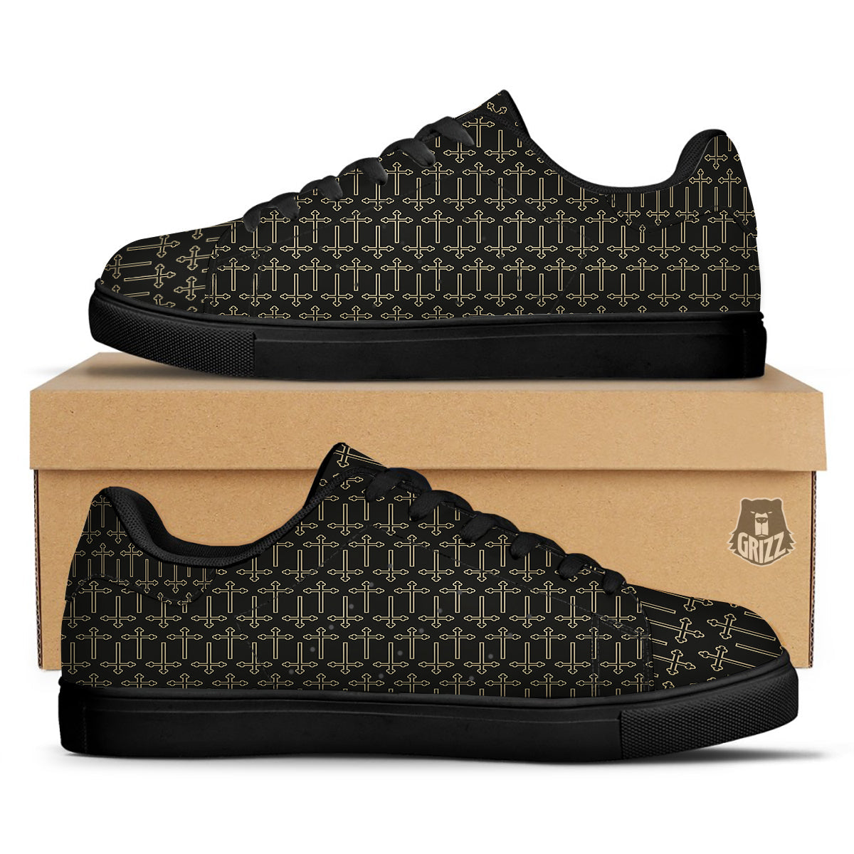 Orthodox Beige And Black Print Pattern Black Low Top Sneakers-grizzshop