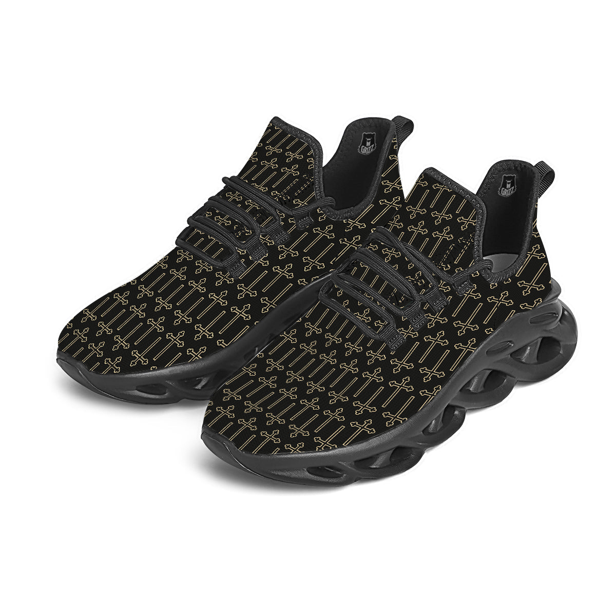 Orthodox Beige And Black Print Pattern Black Running Shoes-grizzshop