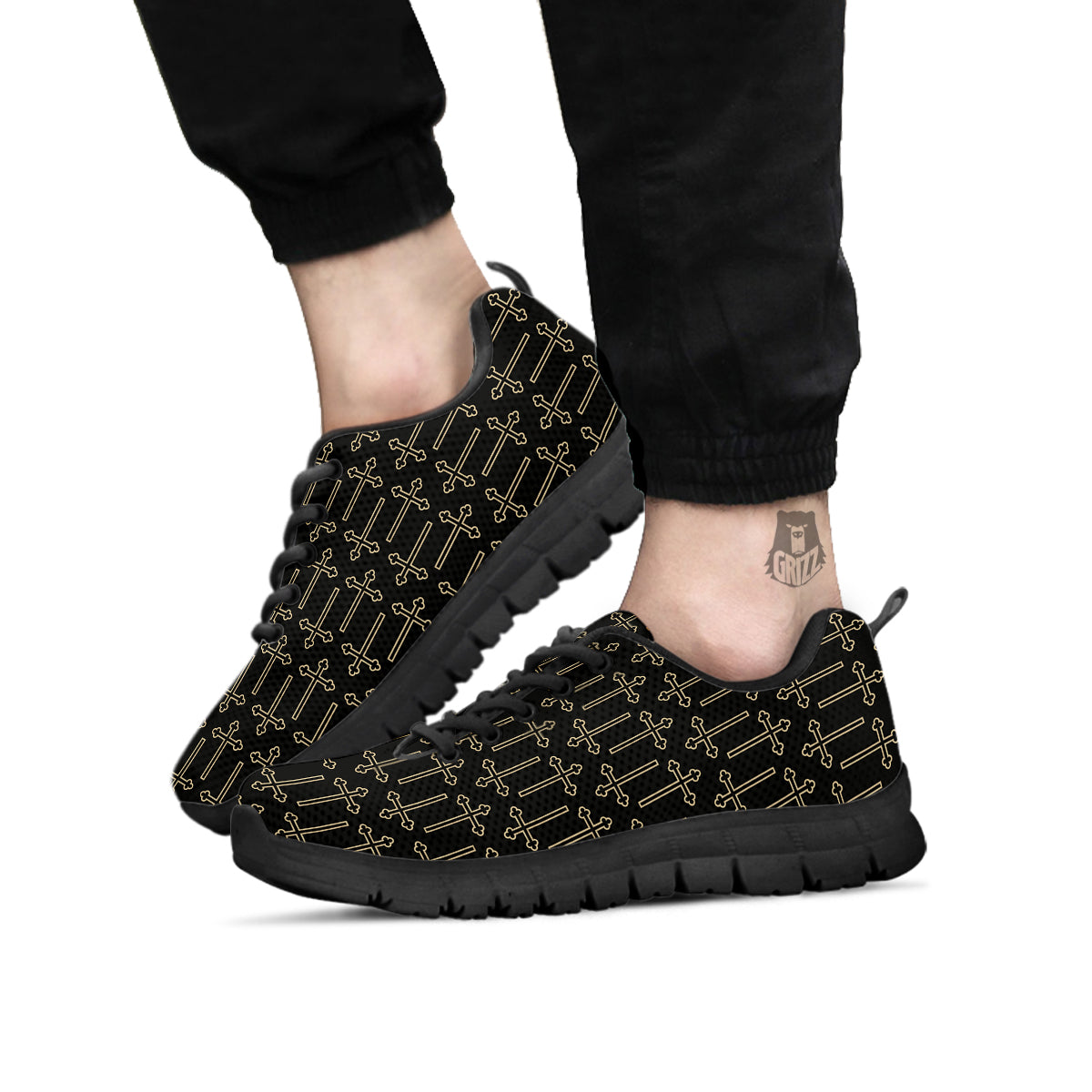 Orthodox Beige And Black Print Pattern Black Sneaker-grizzshop