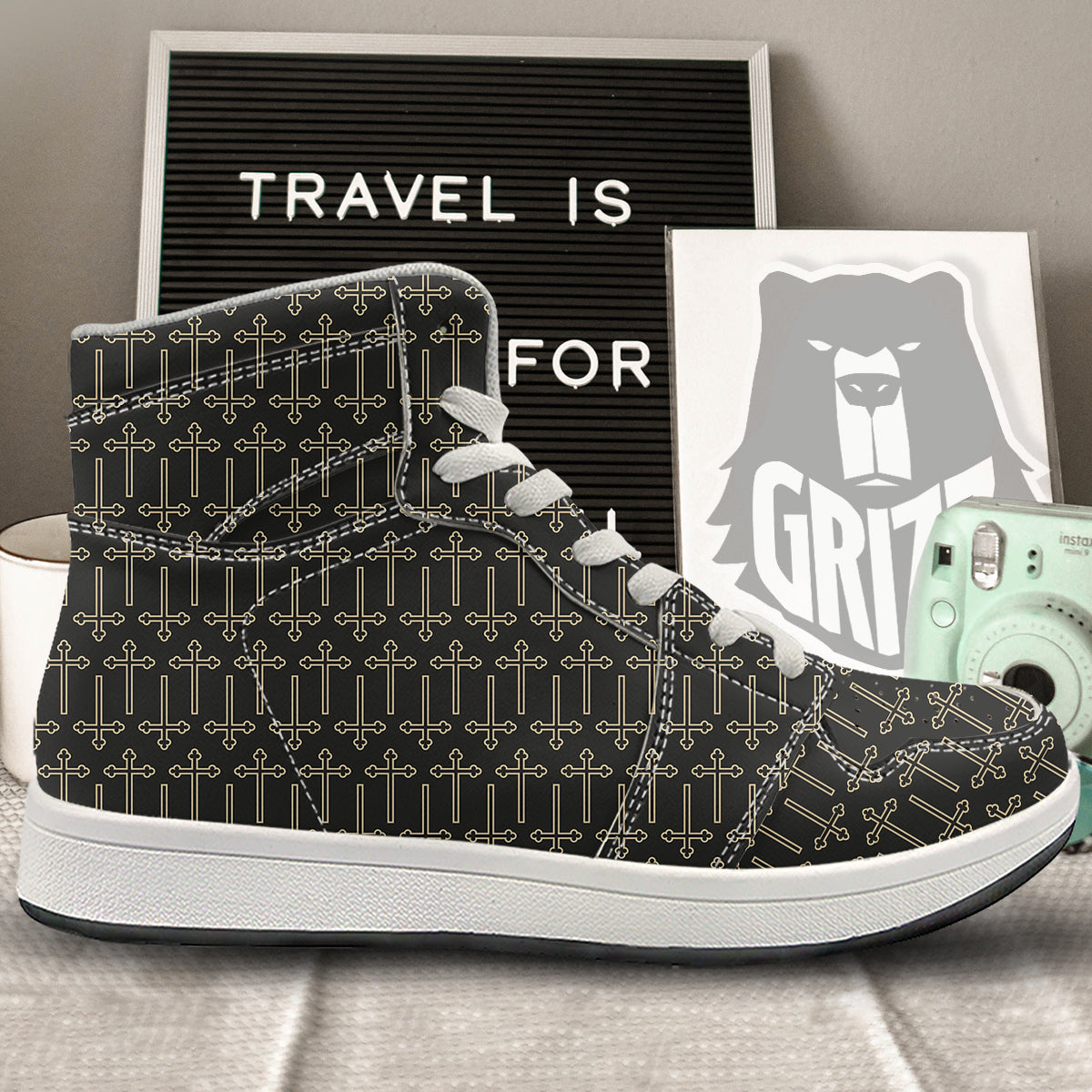 Orthodox Beige And Black Print Pattern High Top Sneakers-grizzshop