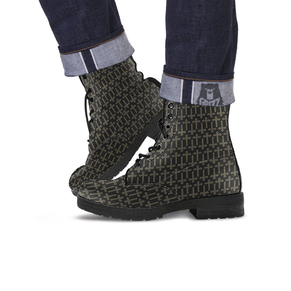 Orthodox Beige And Black Print Pattern Leather Boots-grizzshop
