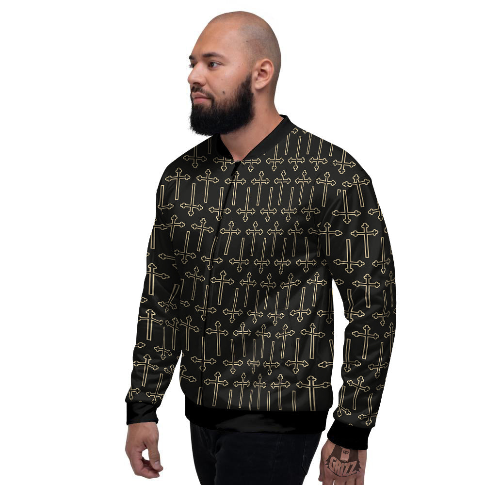 Orthodox Beige And Black Print Pattern Men's Bomber Jacket-grizzshop
