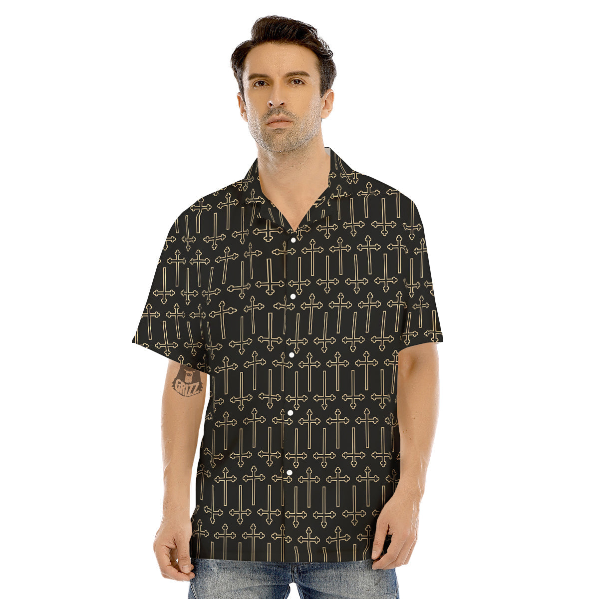 Orthodox Beige And Black Print Pattern Men's Hawaiian Shirt-grizzshop