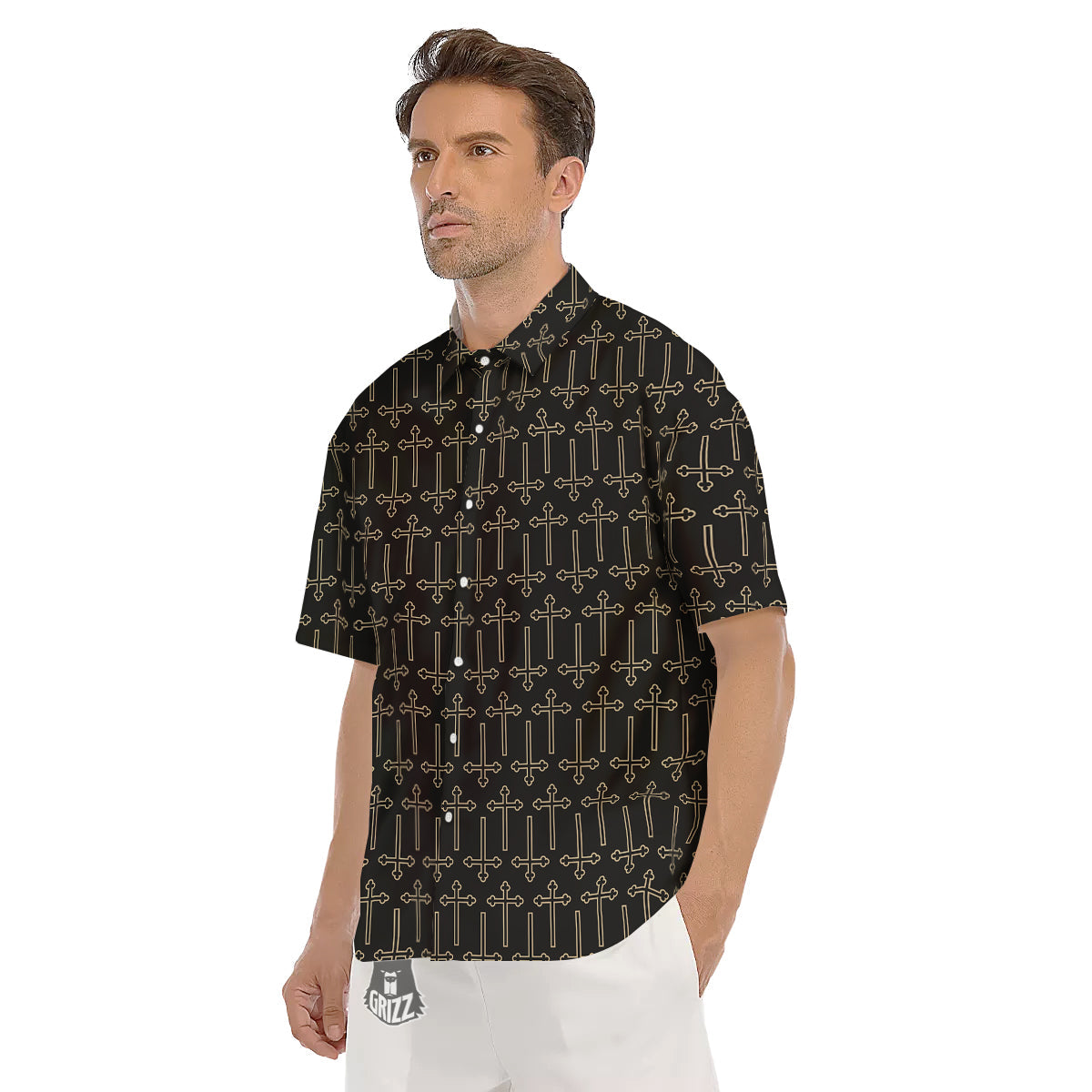 Orthodox Beige And Black Print Pattern Men's Short Sleeve Shirts-grizzshop