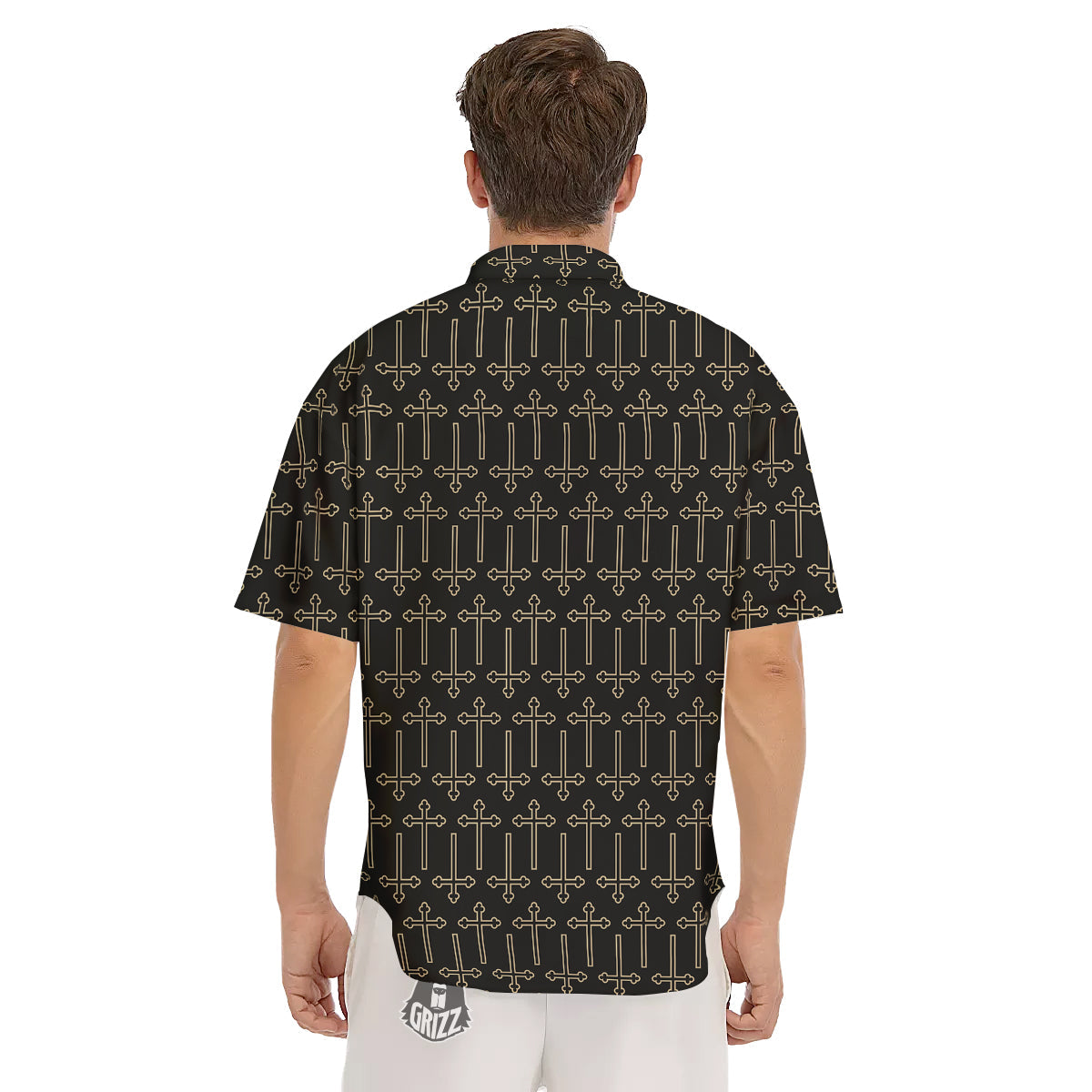 Orthodox Beige And Black Print Pattern Men's Short Sleeve Shirts-grizzshop