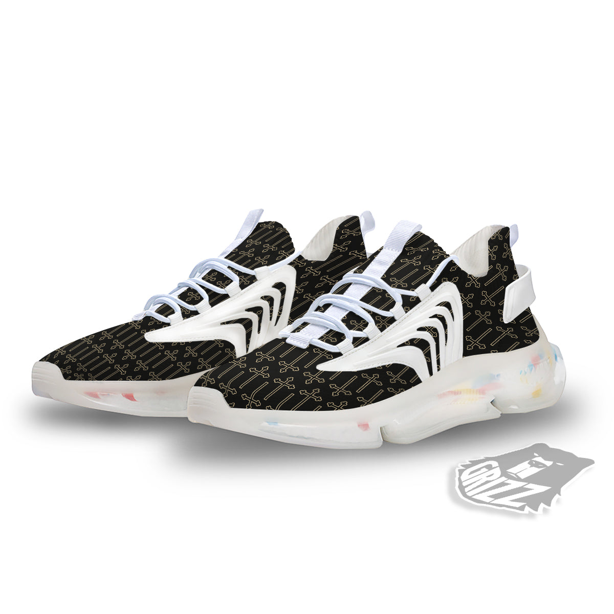 Orthodox Beige And Black Print Pattern White Gym Shoes-grizzshop