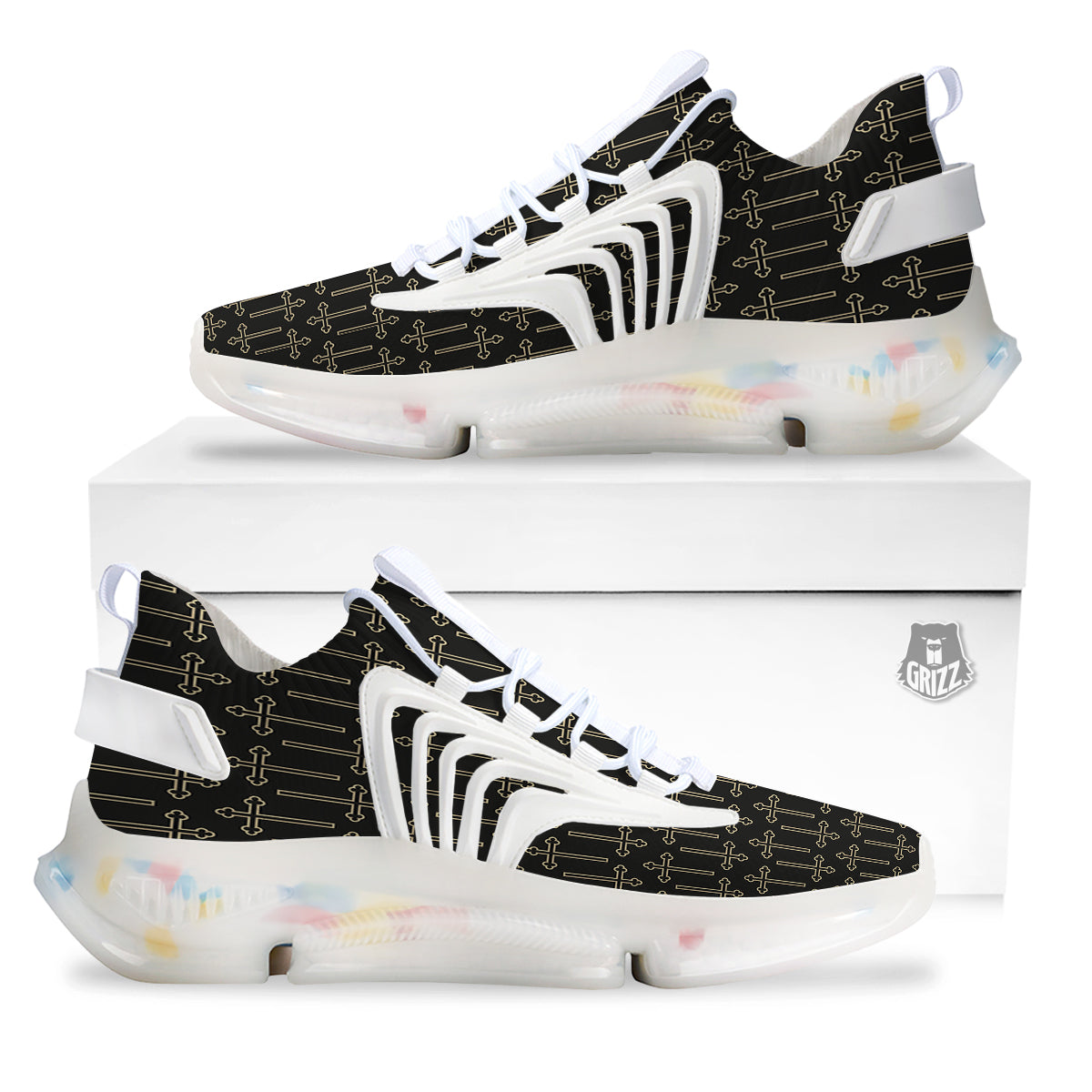 Orthodox Beige And Black Print Pattern White Gym Shoes-grizzshop