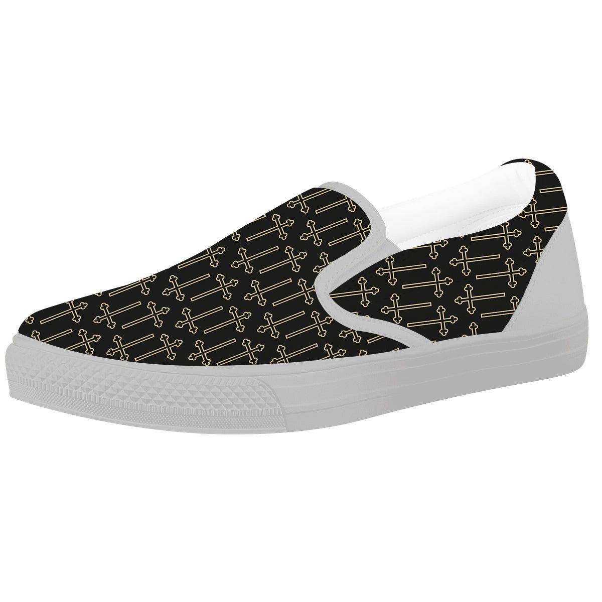Orthodox Beige And Black Print Pattern White Slip On Shoes-grizzshop